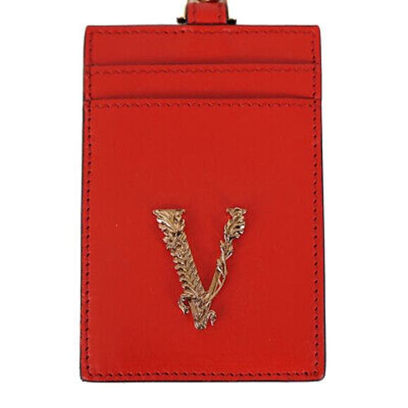 VERSACE Virtus Lanyard Red Leather Gold Barocco V Logo ID Card Case - NIB - Picture 3 of 11